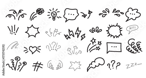 Hand drawn doodle elements collection of comic book speech bubbles stars explosions and decorative accents