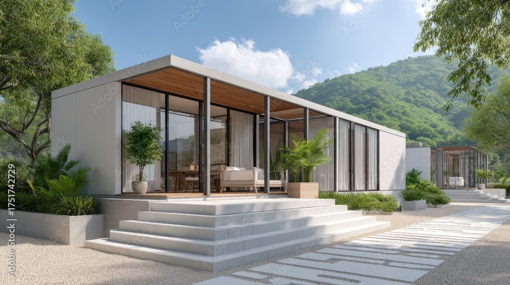 Fototapeta premium Sustainable Housing Trend Concept. Modern house design with large windows and a natural setting among mountains.