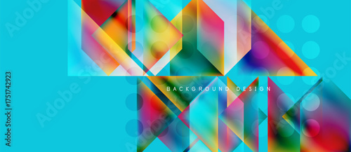 Abstract geometric shapes overlap, creating vibrant colorful design. Turquoise background complements dynamic composition. Modern aesthetic.