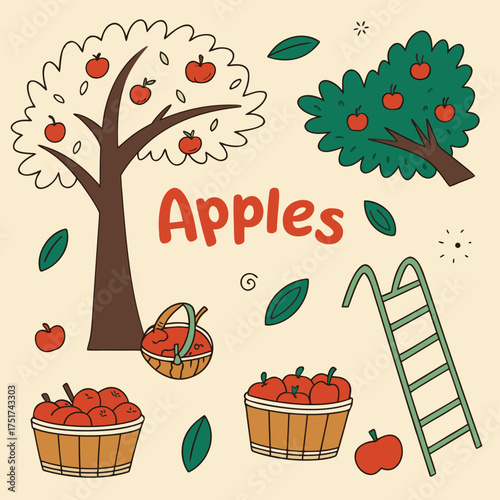 two apple trees laden with red apples, three baskets (one tipped with spilling apples), a ladder, scattered apples and green leaves, and the word Apples in red at the center, evoking apple picking.
