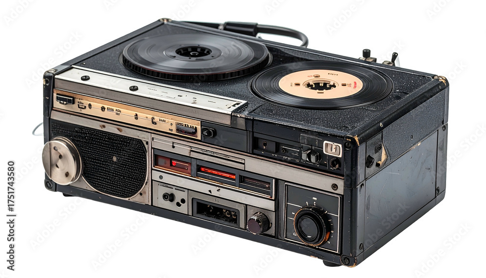 Obraz premium Black and silver vintage turntable stereo, well worn