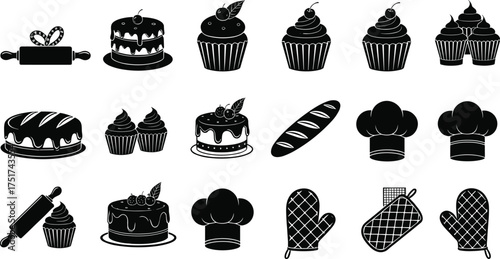 Baking, pastry, dessert, icon, silhouette, black, white, cupcake, cake, chef, hat, oven, mitt, rolling, pin, sweet, frosting, minimal, grid, design