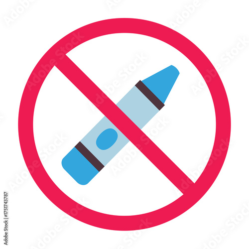 No crayon sign, forbidden sign with crayon icon, do not use crayon, no coloring with crayon, red crossed circle symbol, flat vector illustration