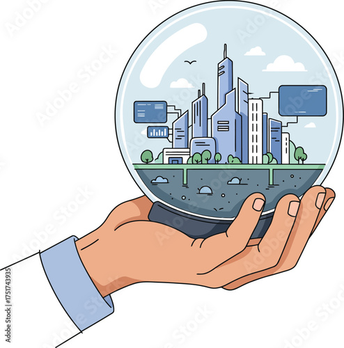 Hand holding a glass sphere containing a futuristic smart city with digital data interfaces