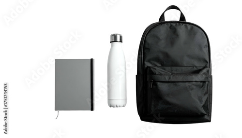 Backpack, water bottle, and notebook against a black background