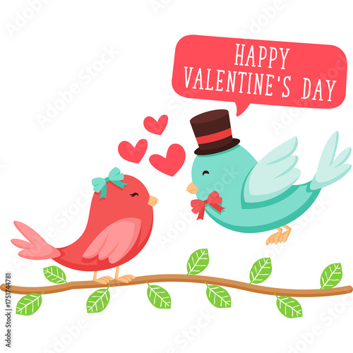 Two Adorable Cartoon Birds Expressing Love on a Branch with Hearts and Happy Valentine's Day Text Bubble on Transparent Background