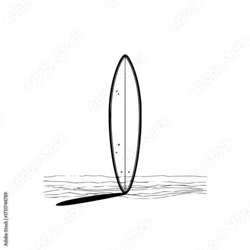 A surfboard standing upright in the sand with its shadow cast on the ground in a black and white illustration