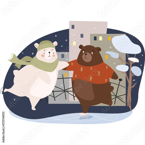 Two Bears Ice Skating Together Under a Night Sky With Buildings and Snowflakes Falling