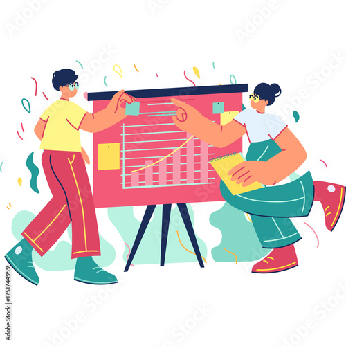 Two Business People Collaborating Around A Presentation Board With Growth Charts And Confetti Falling In A Flat Design Style With A Transparent Background