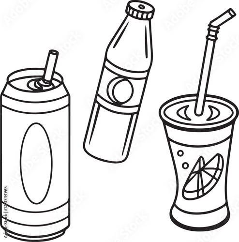 Soda Can, Bottle, and Cold Drink Cup with Straw Line Art Vector Illustration