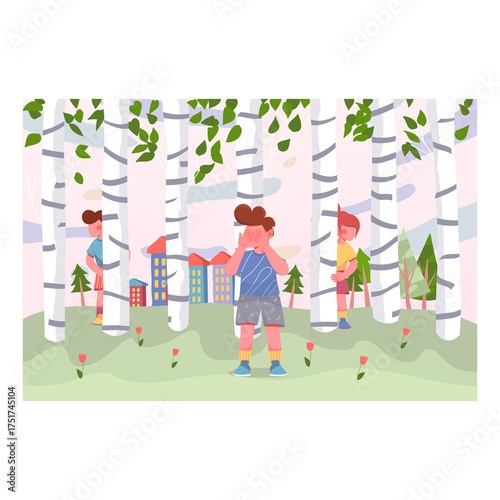 Three Young Boys Playing Hide and Seek Among Birch Trees with City Buildings in the Distant Background Under a Soft Cloudy Sky