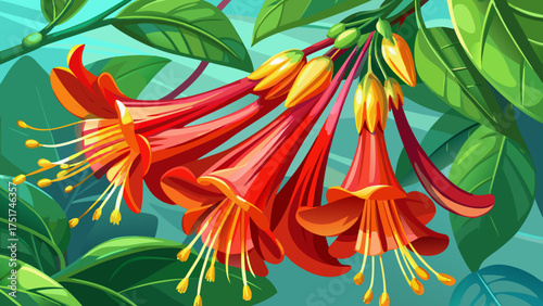 
Very beautiful macro view of trumpet honeysuckle, revealing vibrant red petals and golden stamens glowing softly under morning sunlight in a Virginia garden.