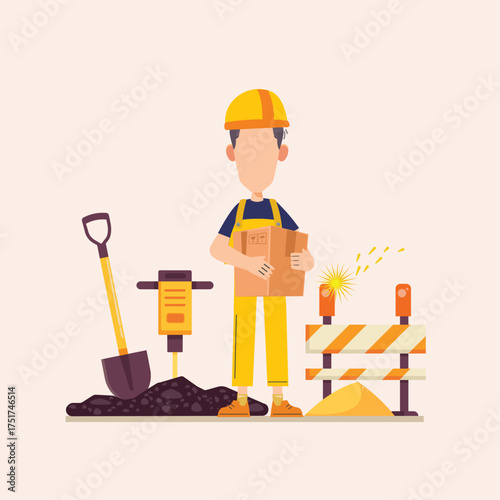 Flat design character of a male builder at a construction site with a shovel, jackhammer, and a safety barrier, holding a cardboard box