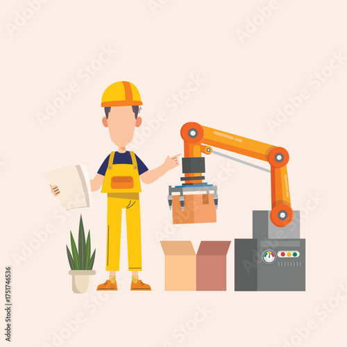 Worker managing automated robotic arm in industrial packaging process, overseeing packaging and handling of cardboard boxes in a warehouse