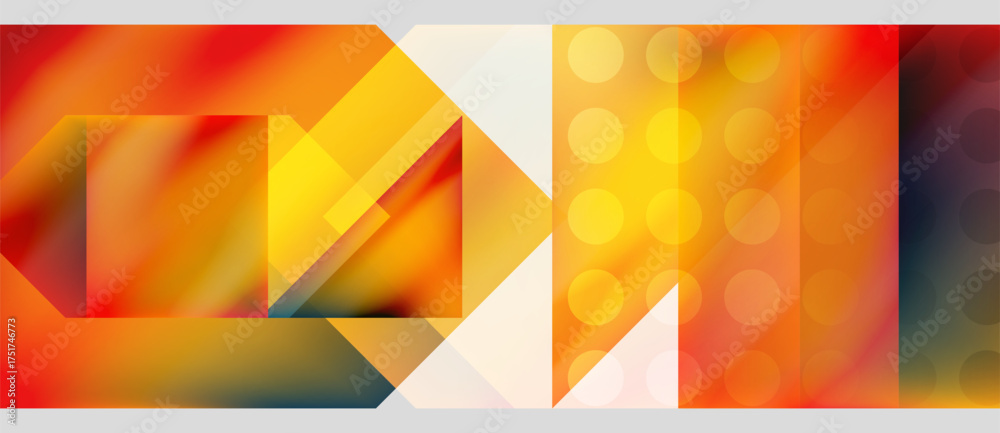Obraz premium Abstract geometric composition. Warm colors dominate, featuring triangles, circles, rectangles. Modern design with gradients, layers, textures.
