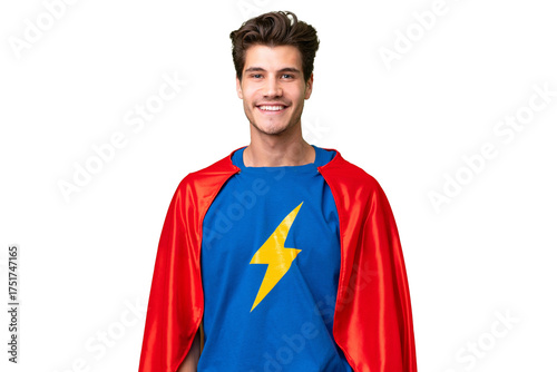 Super Hero caucasian man over isolated background laughing