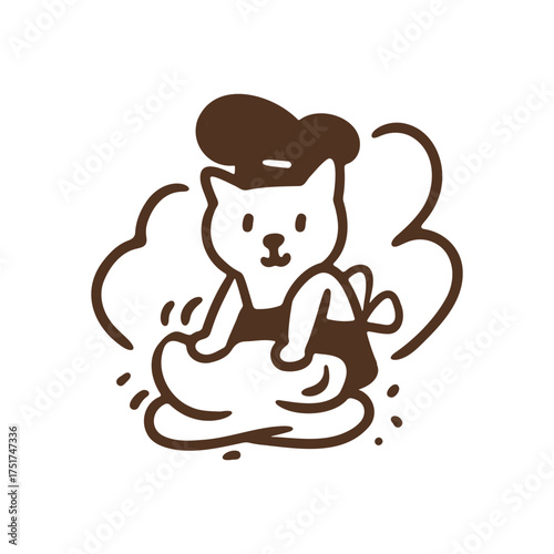 Cute cat baker wearing apron and chef hat knead fresh dough bread bakery, cartoon playful animal character simple bold line illustration element