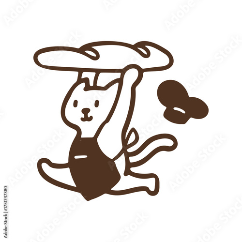 Cute cat baker wearing apron and chef hat quickly serving freshly cooked warm soft bakery bun bread, cartoon playful animal character simple bold line illustration element