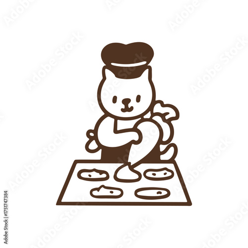 Cute cat baker wearing apron and chef hat bake puffed buns use piping bag and baking tray, cartoon playful animal character simple bold line illustration element