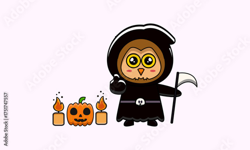 Cute owl grim reaper character with scythe celebrating Halloween with pumpkin and candles.