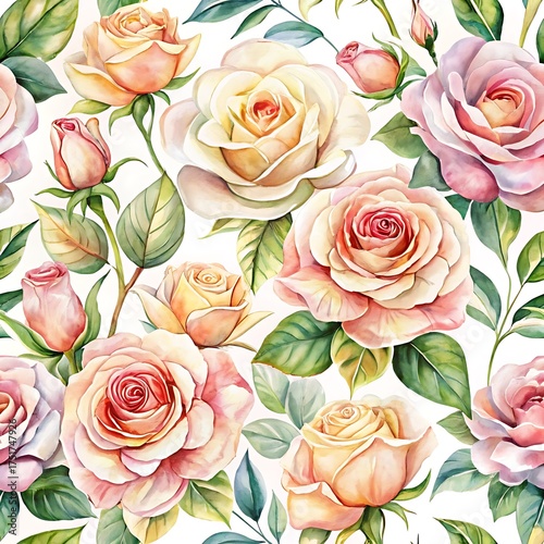 Painting of a bunch of roses with green leaves