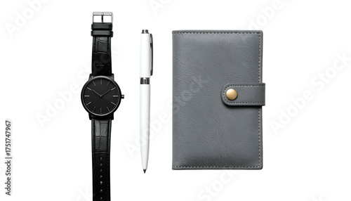 Watch, pen, and notebook on black backdrop, minimal flatlay shot