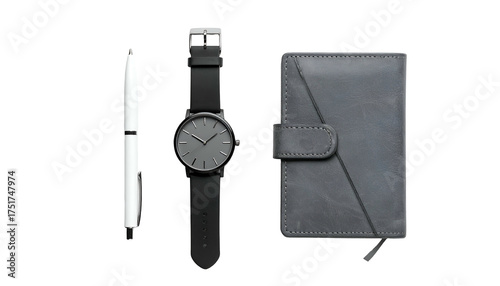 Flatlay of a white pen, black watch, & gray notebook
