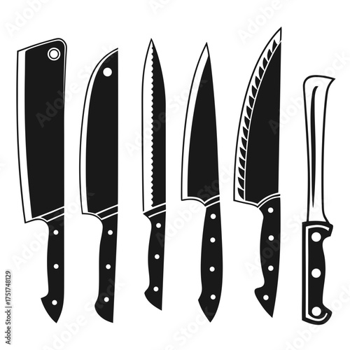 Professional chef's knives set, culinary collection for food preparation, sharp stainless steel blades, kitchen tools for cutting, slicing, and dicing