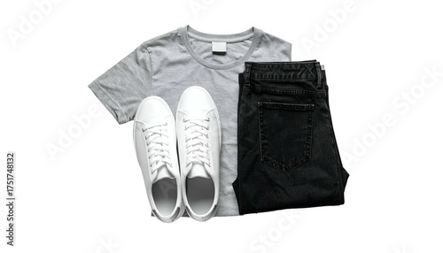 Casual attire gray tee, black jeans, white sneakers on dark