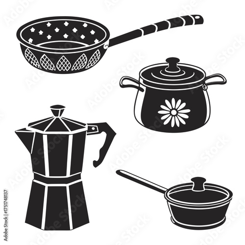 Kitchen Collection Featuring Stylish Cookware and Espresso Maker, Perfect for Culinary Projects and Recipe Illustrations, A Classic Kitchenware Set