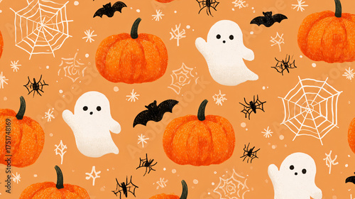 Spooky yet cute Halloween background featuring orange pumpkins, ghost silhouettes, and spider webs, minimal seamless design 