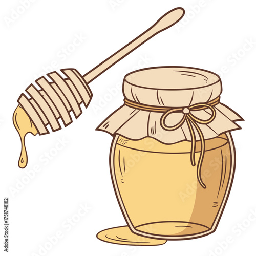 Fresh golden honey dripping from dipper into rustic jar, a sweet and natural treat perfect for healthy recipes and artisan food projects