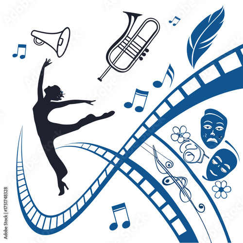 Dynamic arts poster featuring ballet dancer, trumpet, theater masks, and music notes creating a modern, artistic vibe perfect for creative projects