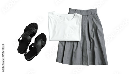 Casual outfit white tee, gray pleated skirt, black sandals