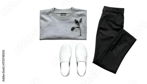 Gray sweater, black pants, & white shoes flat lay on black