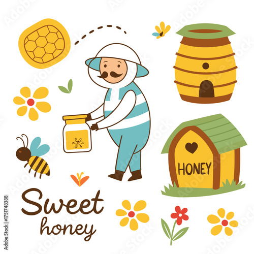 Delightful beekeeper character tending honey farm with hives and buzzing bees for sweet honey harvest, perfect for cheerful designs and illustrations