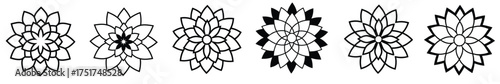 six dahlia flower icons in black and white 