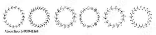  six hand drawn black circular floral frames set botanical