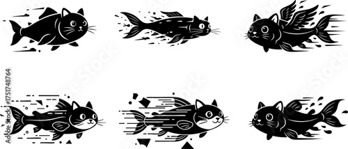 Whimsical Hybrid Creatures Fish-Cat Illustrations for Creative Designs