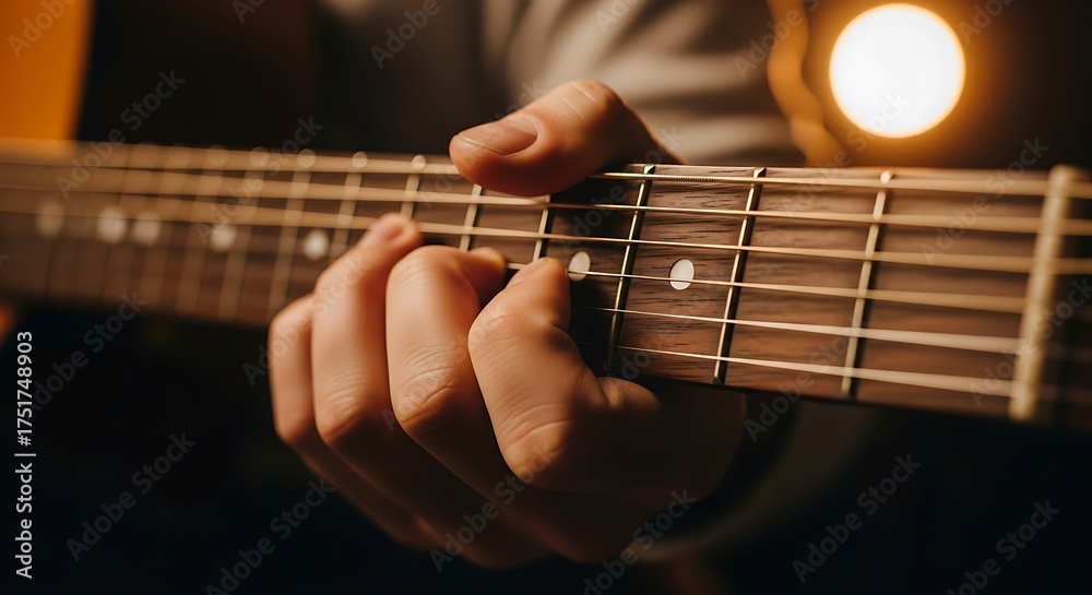 Fototapeta premium Acoustic Guitar Chord Close-Up: Warm Light, Focused Hand Position, Musical Expression