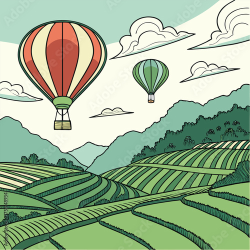 Colorful hot air balloons gracefully drift over lush green terraced rice paddies during a serene sunrise or sunset creating a picturesque landscape