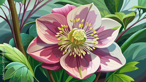 
Very beautiful macro shot of helleborus flower showing stamens, anthers, and pistils in late winter garden in central Virginia, with soft pink and green tones.