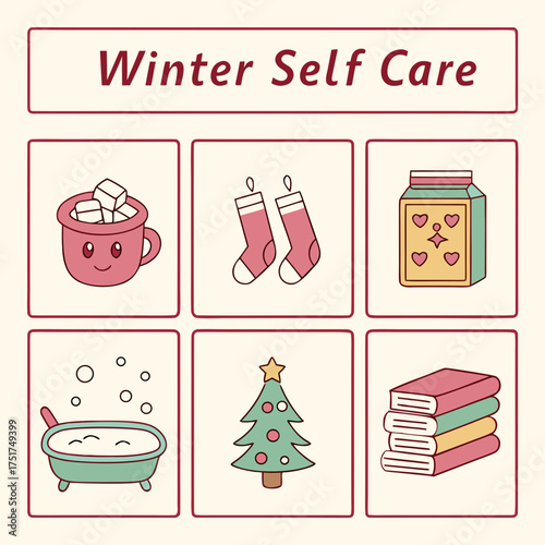 Cozy Winter Self Care Icons for Relaxation and Wellness, Featuring Hot Cocoa, Stockings, Lotion, Bubble Bath, Christmas Tree, and Books
