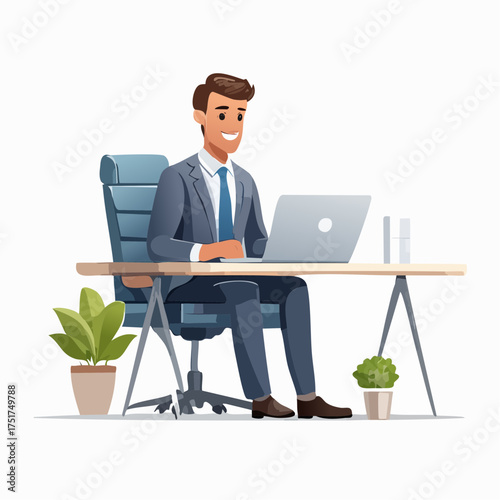 Smiling businessman in formal attire working diligently on his laptop at a well-lit office desk