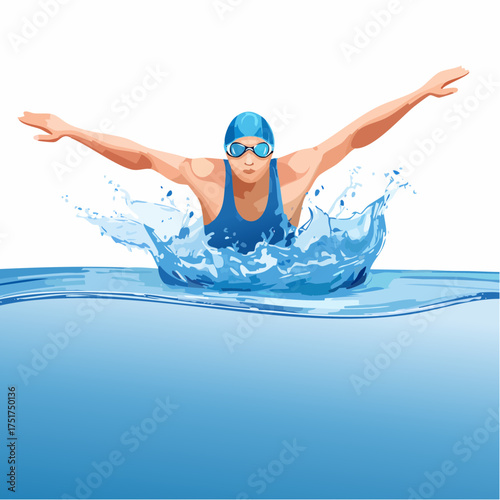 Energetic female athlete gracefully emerges from refreshing blue water, performing a dynamic butterfly stroke with powerful splashes, embodying strength and fluidity