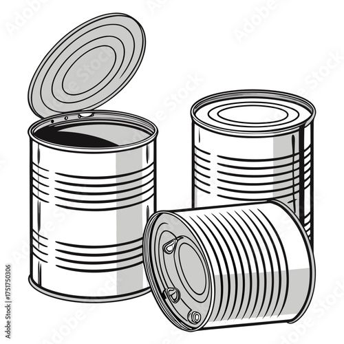 Three Metal Food Cans in Simple Graphic Style ready for canning, preserving, or food storage concepts, perfect for food safety or product design projects