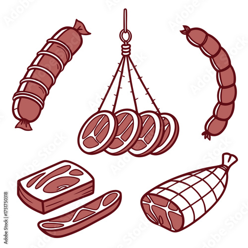 Delicious assortment of stylized meat cuts, showcasing fresh sausages and flavorful hams, perfect for culinary designs and food-related projects