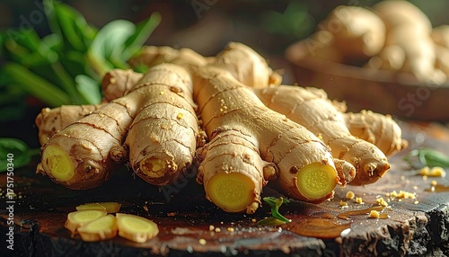 Fresh Ginger Roots and Slices on a Textured Wooden Surface with Green Leaves in Warm Sunlight