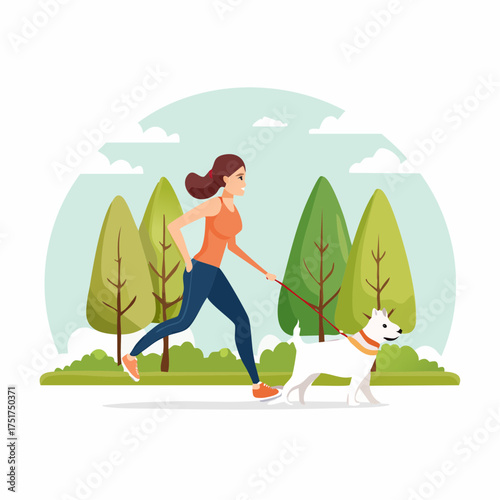 A woman jogging with her dog in a park, enjoying an active outdoor lifestyle, vector illustration