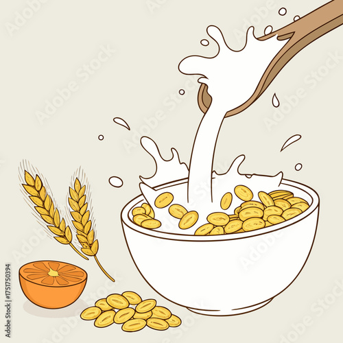 Enjoy a Delicious and Healthy Breakfast: Bowl of Cereal with Milk Splash, Orange Slice, and Wheat Stalks for a Nutritious Start to Your Day